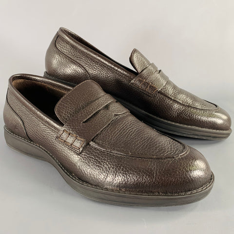 BRIONI Size 10.5 Dark Brown Pebble Grain Leather Penny Loafers