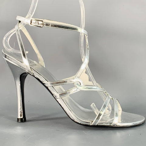 STUART WEITZMAN Size 6 Metallic Silver Patent Leather Strappy Ankle Strap Sandals
