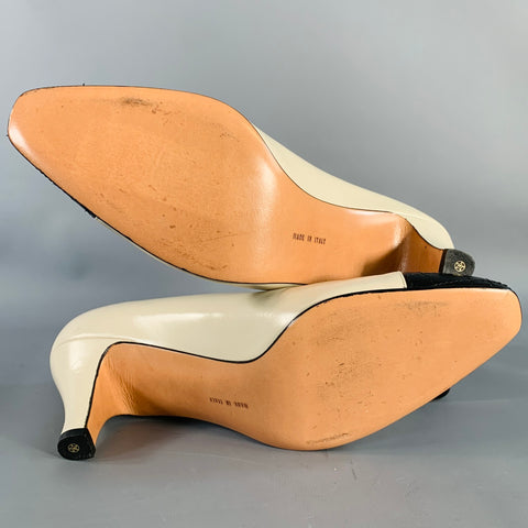 SALVATORE FERRAGAMO Size 9 Beige Black Leather Quilted Cap Toe Pumps