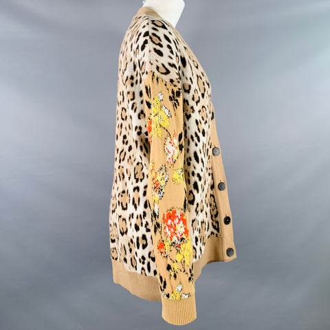 MSGM Size M Khaki Black White Viscose Blend Distressed Oversized Mixed Patterns Cardigan