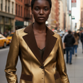 A gold and brown leather reversible jacket displayed on a mannequin, featuring a zipper front and a collar.