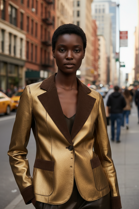 A gold and brown leather reversible jacket displayed on a mannequin, featuring a zipper front and a collar.