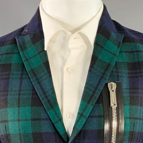 DSQUARED2 Size 40 Green Navy Black Blackwatch Plaid Wool Zippers Sport Coat