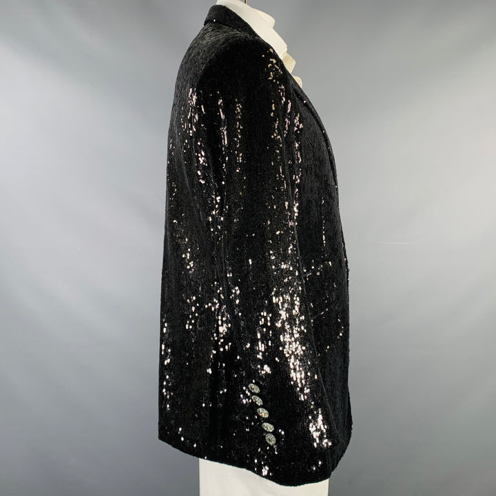 BILLIONAIRE COUTURE Size 48 Black Sequined Polyester Peak Lapel Sport Coat