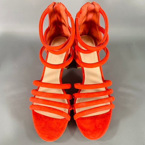 SANDRO Size 10 Tessa Red Suede Caged Chunky Heel Sandals