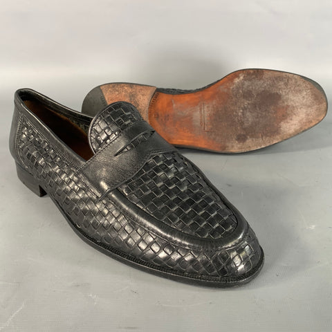FRATELLI ROSSETTI Size 10 Black Woven Leather Penny Loafers