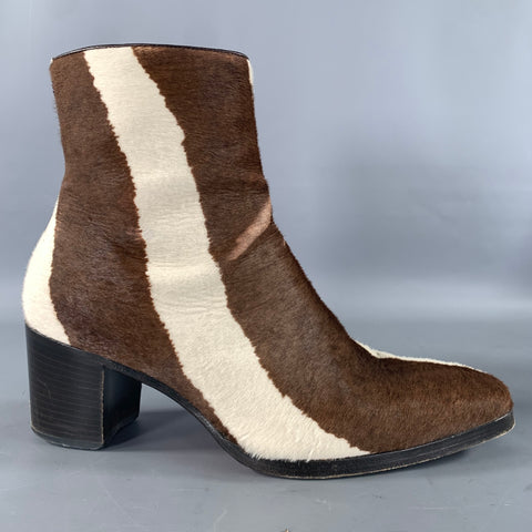 LOUBOUTIN Size 9 Brown Cream Stripe Leather Zip up heel Boots
