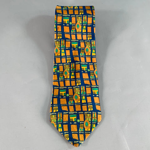 ERMENEGILDO ZEGNA Brown Green Blue Abstract Squares Silk Tie