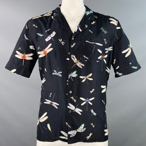 VALENTINO Size XL Black Multi Color Dragonflies Silk One Pocket Camp Short Sleeve Shirt