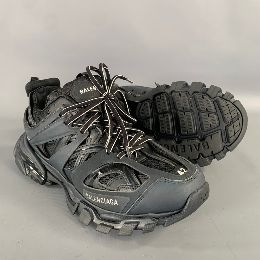 BALENCIAGA Size 9 Black Navy Mixed Patterns Mixed Fabrics Runner Sneakers