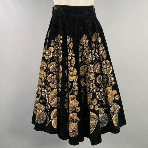 Jupe midi trapèze vintage en velours noir et doré taille S