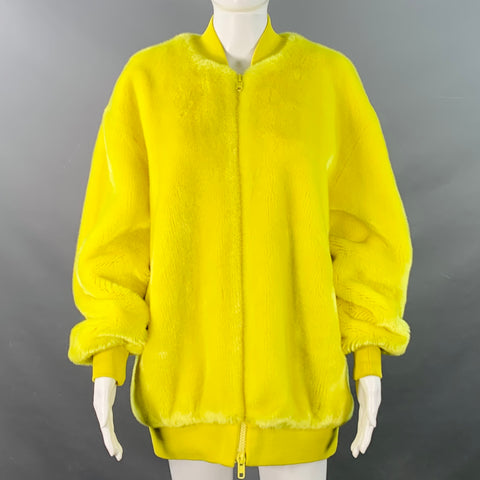 TIBI Size M Yellow Acrylic Textured Faux Fur Zip Up Oversized Bomber Jacket