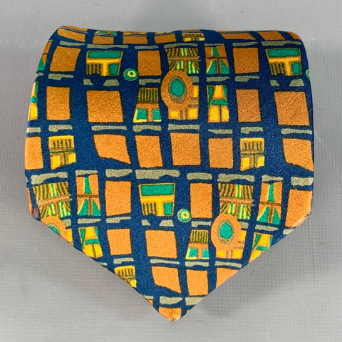 ERMENEGILDO ZEGNA Brown Green Blue Abstract Squares Silk Tie