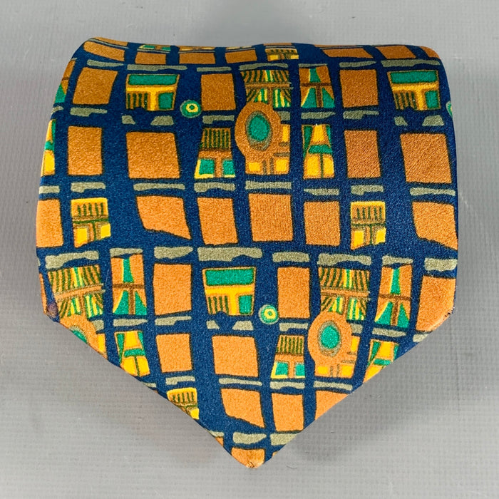 ERMENEGILDO ZEGNA Brown Green Blue Abstract Squares Silk Tie
