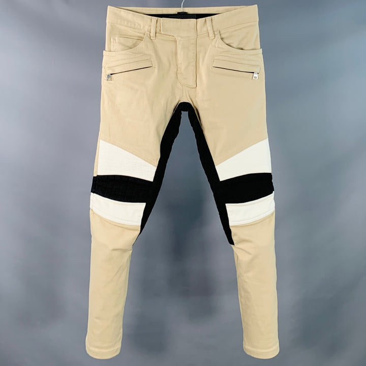 BALMAIN Size 28 Beige Black White Cotton Blend Skinny Biker Jeans