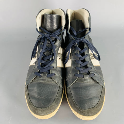 BIKKEMBERGS Size 10 Navy White Perforated Leather High Top Sneakers