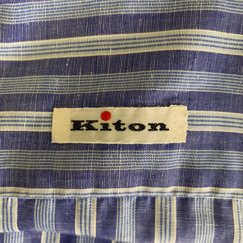 KITON Size L Blue White Stripe Linen Cotton Pointed Collar Long Sleeve Shirt
