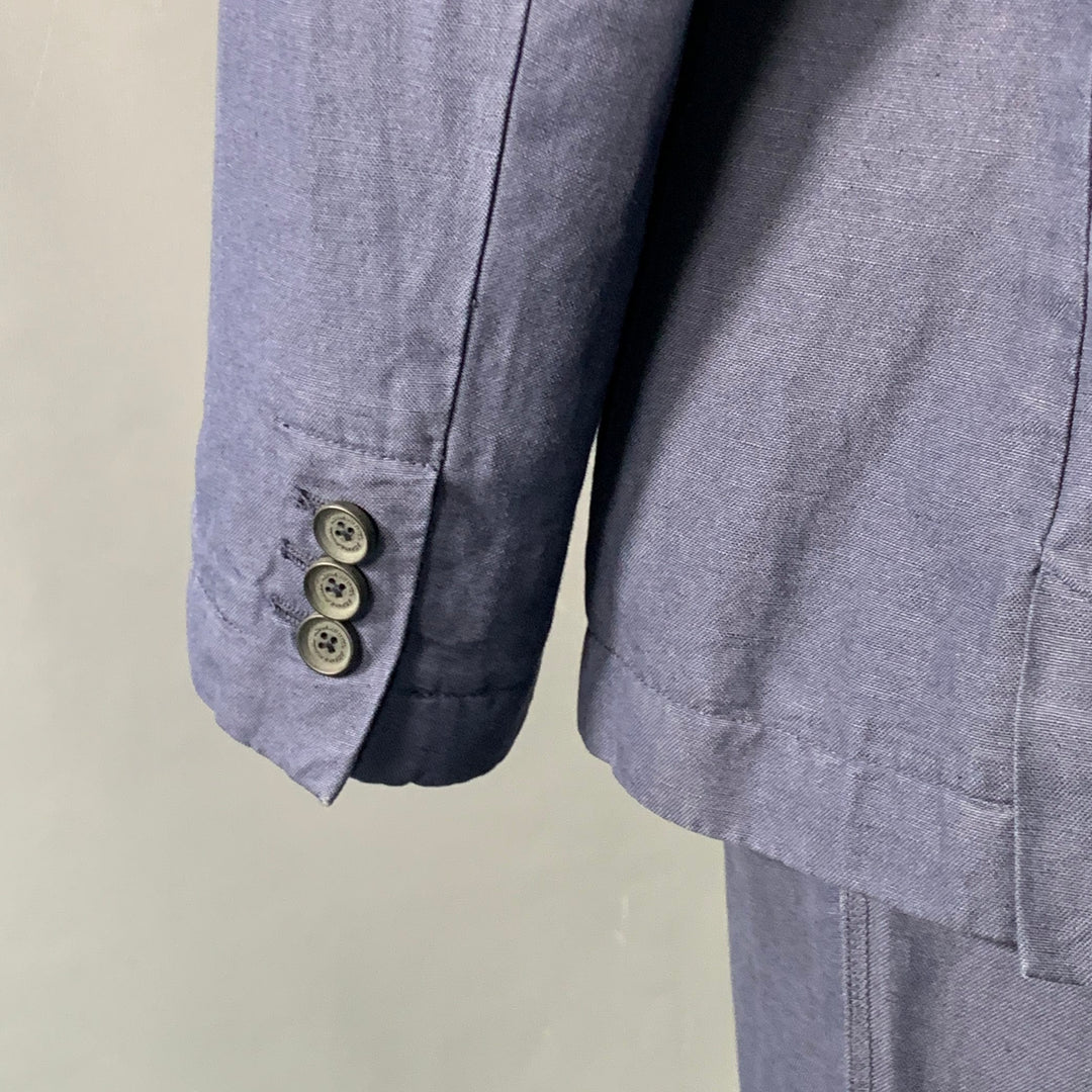 ADAM KIMMEL Size XL Blue Cotton Linen Notch Lapel Suit