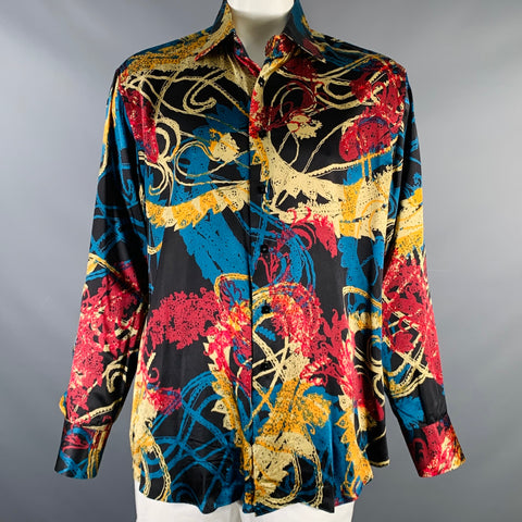 BILLIONAIRE COUTURE Size XL Black MultiColor Print Silk Long Sleeve Shirt
