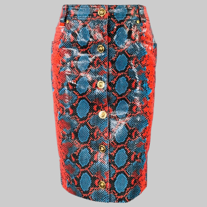 VERSACE Size S Red Blue Leather A83011 Snake Embossed Calf Pencil Skirt