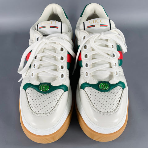 GUCCI Size 9.5 Screener White Red Green Perforated Leather Rubber Sole Sneakers