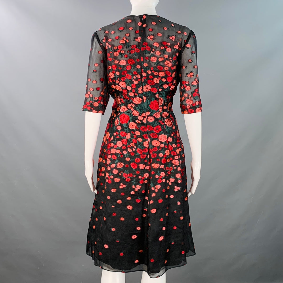 LELA ROSE Size 6 Black Red Silk Blend Floral Evening Cocktail Dress