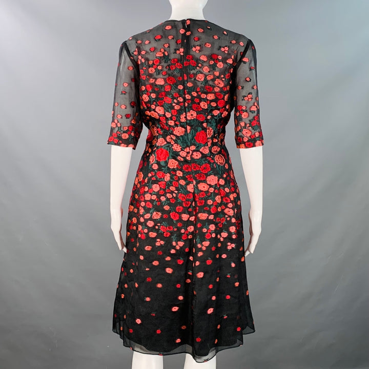 LELA ROSE Size 6 Black Red Silk Blend Floral Evening Cocktail Dress