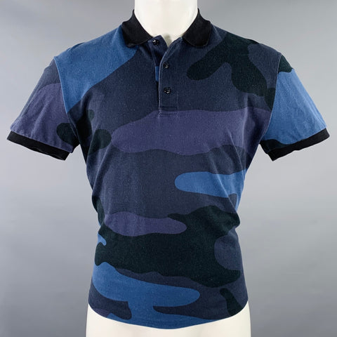 VALENTINO Size M Black Blue Camouflage Cotton Buttoned Polo
