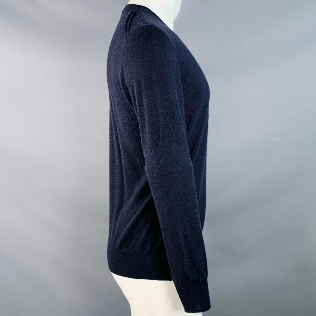 LANVIN Size M Navy Cashmere Reverse Seams V-Neck Pullover
