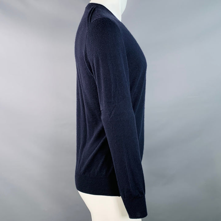 LANVIN Size M Navy Cashmere Reverse Seams V-Neck Pullover