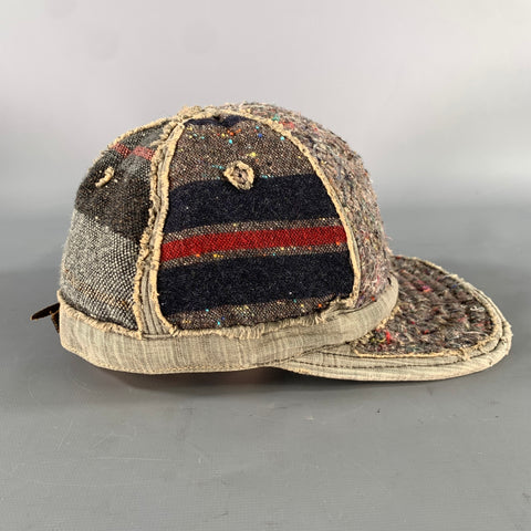 KAPITAL Grey Navy Patchwork Leather Trim Wool Blend Hats