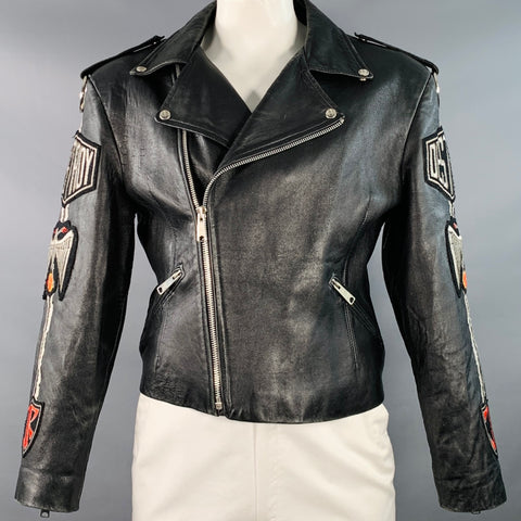 JOHN RICHMOND Vintage Size XL Black Silver Patches Leather Biker Jacket