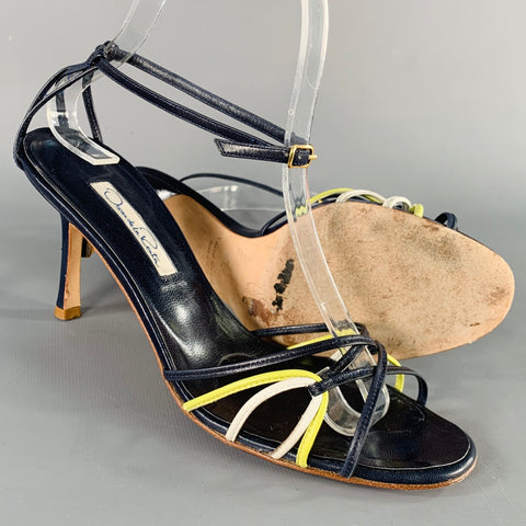 OSCAR DE LA RENTA Size 7 Navy Yellow Leather Strappy Sandals