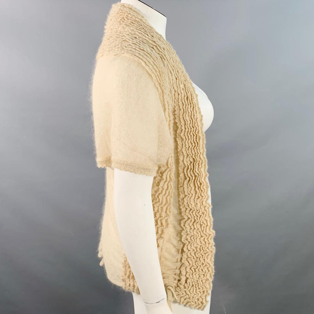 ALAIA Size L Beige Gold Mohair Blend Textured Ruffle Short Sleeve Open Front Cardigan