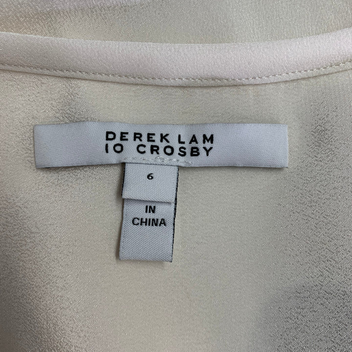 DEREK LAM Size 6 White Black Silk Polka Dot Collarless Blouse