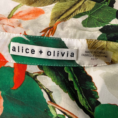 ALICE + OLIVIA Size XS White Green & Orange Silk Floral Button Up Casual Top