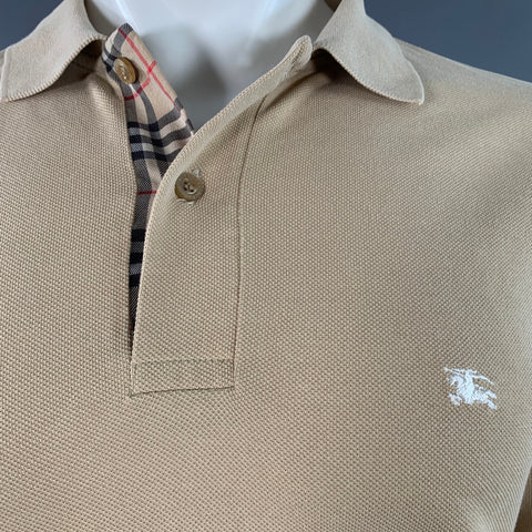 BURBERRY BRIT Size M Beige Embroidery Cotton Pique Classic Fit Contrast Trim Long Sleeve Polo