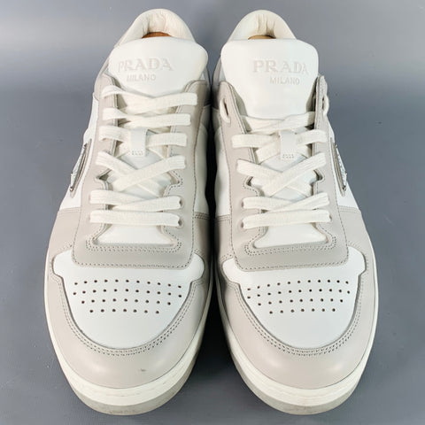 PRADA Size 11 White Grey Color Block Perforated Leather Logo Low Top Sneakers