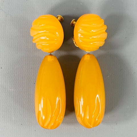 Boucles d'oreilles pendantes vintage à vis, en bakélite jaune orangé, forme goutte d'eau, épaisses