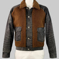 Brown and gray jacket with a textured pattern on a mannequin against a gray background