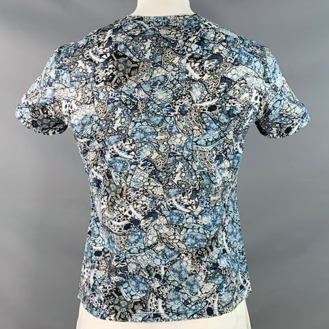 ALEXANDER MCQUEEN Size XL Blue White Black Skulls Kintsugi Cotton Slim Fit Short Sleeve T-shirt