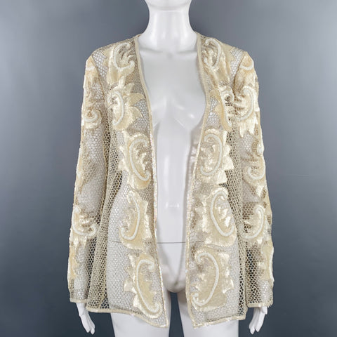 VINTAGE Taille M Veste ouverte à sequins et perles en maille crème argentée