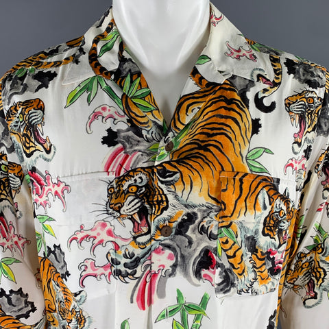 THE GUILTY PARTIES Size M White Multi-Color Tiger Print Rayon Long Sleeve Shirt