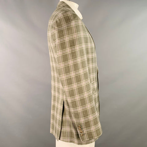 MARZONI Size 42 Green Cream Purple Plaid Single Breasted Notch Lapel Sport Coat