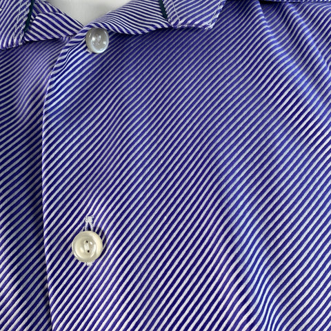 ETON Size M Blue White Diagonal Stripe Cotton Curved Cutaway Long Sleeve Shirt