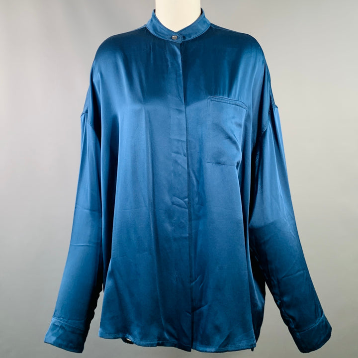 HAIDER ACKERMANN Size S Teal Silk Satin Nehru Collar Hidden Buttons Shirt