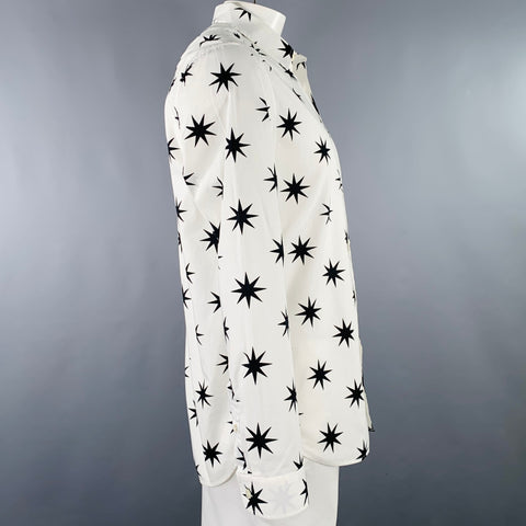 MOSCHINO Size L White Black Stars Cotton Button Up Long Sleeve Shirt