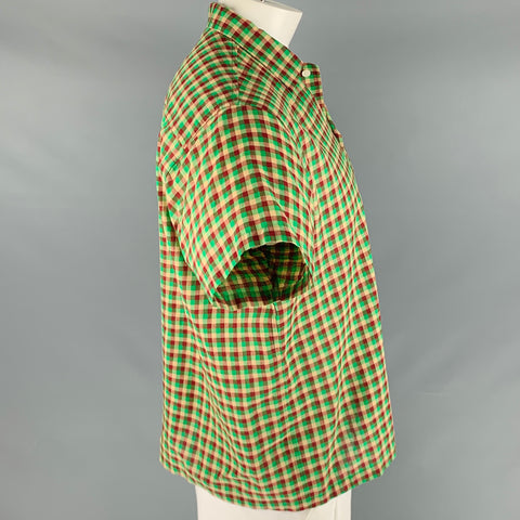 BODE Size L/XL Green Beige Red Checkered Cotton One Pocket Short Sleeve Shirt