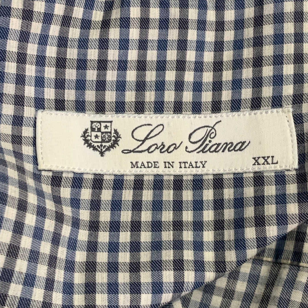 LORO PIANA Size XXL Navy Black White Gingham Cotton One Pocket Long Sleeve Shirt