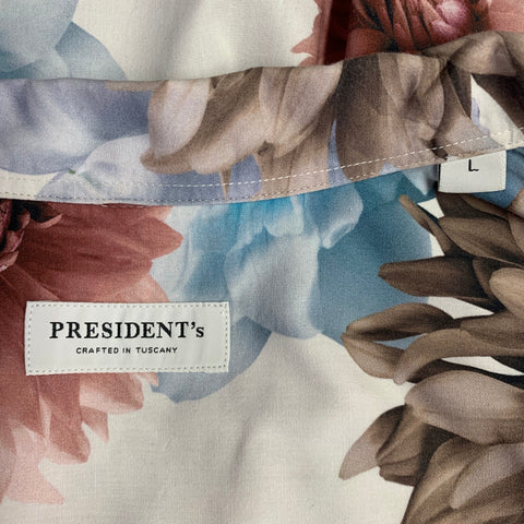 PRESIDENT's Size L White Pink Blue Floral Cotton One Pocket Short Sleeve Shirt